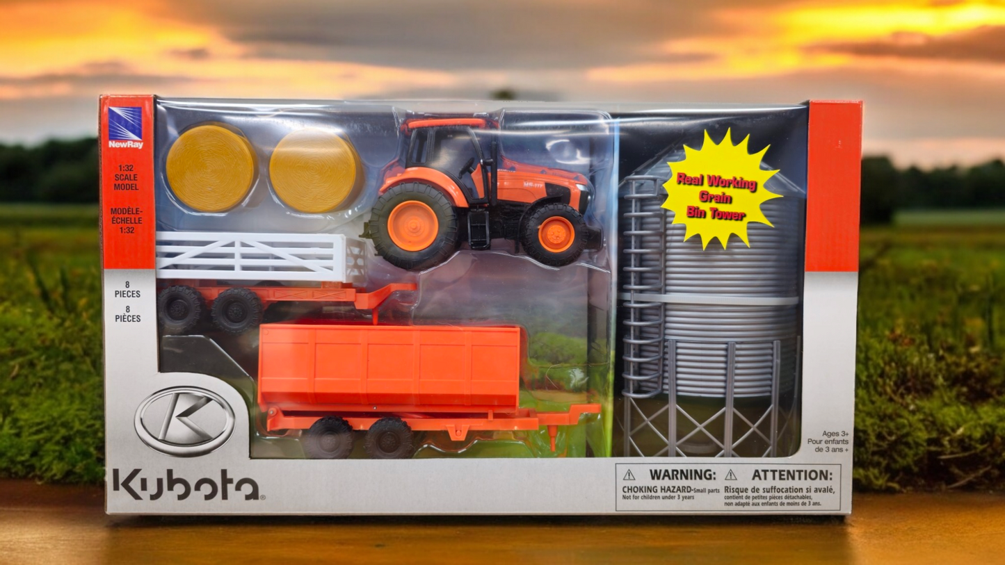 1:32 Scale Kubota Tractor with Wagon & Grain Bin Set