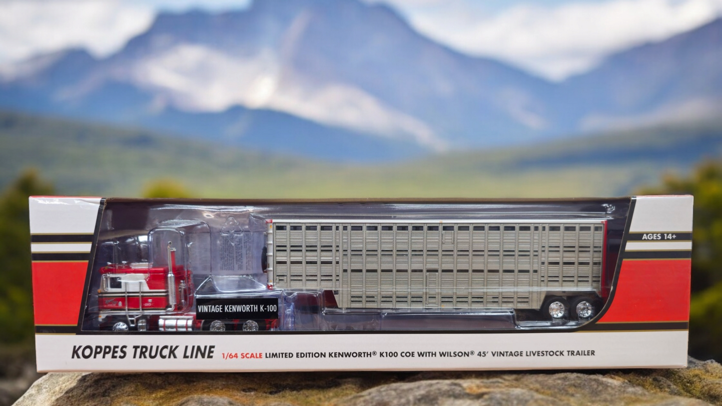 1:64 Scale Kenworth K100 with 45' Vintage Livestock Trailer